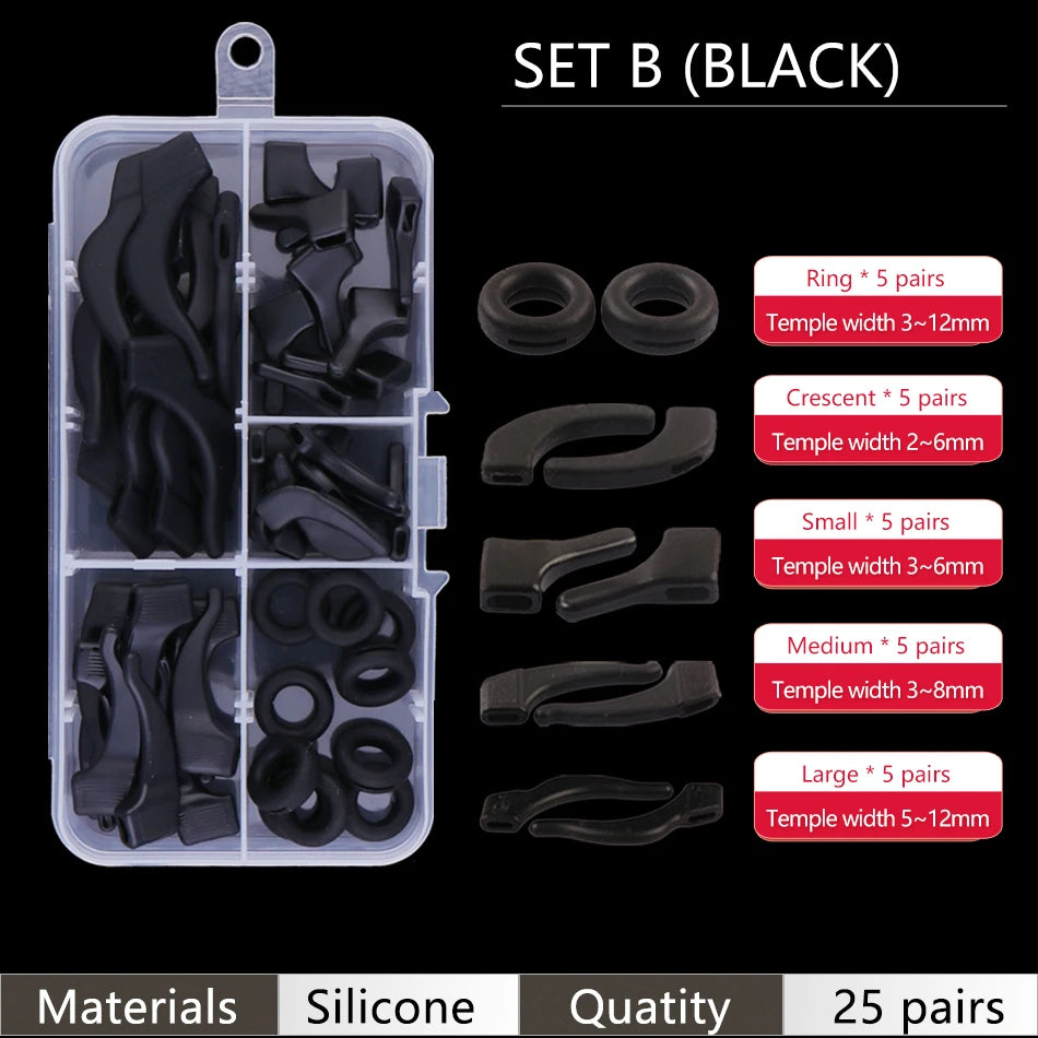 Set B black silicone ear grip hooks for glasses and sunglasses with various temple widths