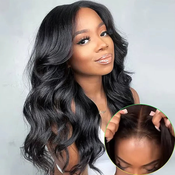 A woman with long, wavy black hair is shown, featuring an HD lace front wig.
