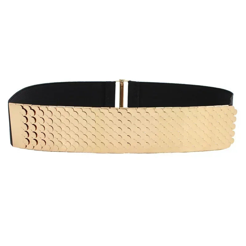 Ceinture élastique large noir et beige avec boucle dorée pour robes ajustées