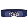 Navy blue elastic belt with a decorative brass clover buckle