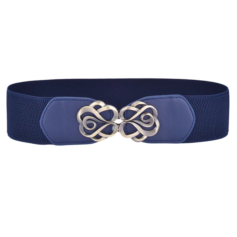Navy blue elastic belt with a decorative brass clover buckle