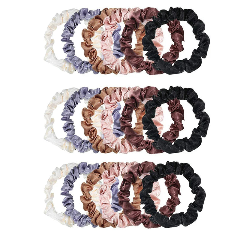 A collection of elegant simulation silk hair ties in various shades of purple, pink, brown, and black.