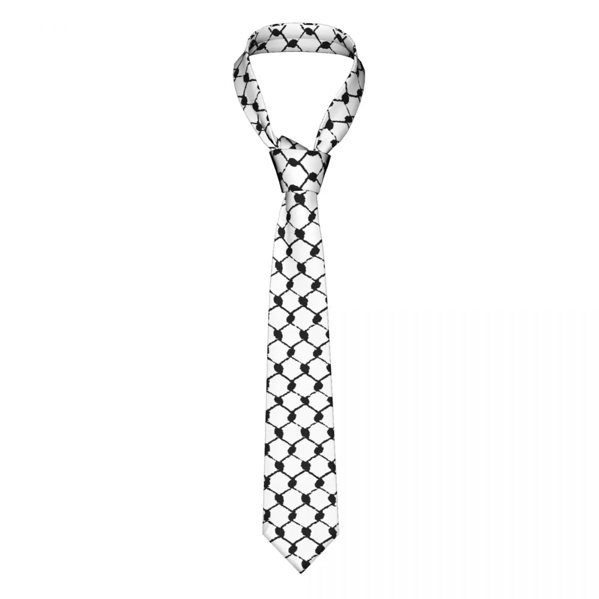 A black and white patterned neck tie featuring a traditional Arabic keffiyeh design.