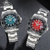 A silver diving quartz wristwatch with a blue dial and red accents is shown on a dark background.