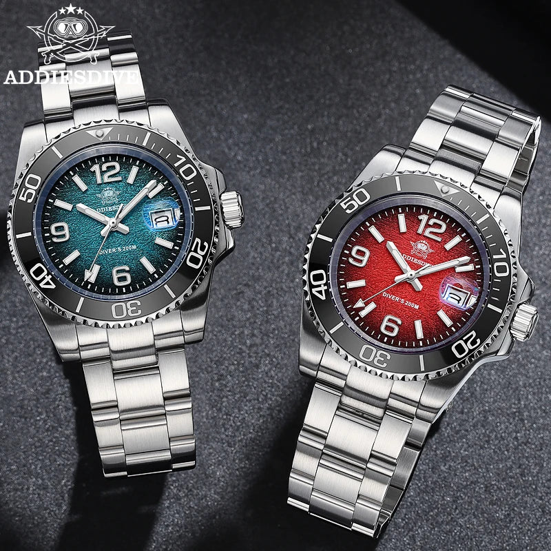 A silver diving quartz wristwatch with a blue dial and red accents is shown on a dark background.