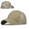A khaki vintage mesh baseball cap shown in two views.