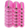 A set of pink heatless hair curlers for DIY styling, showing various sizes and attachments.