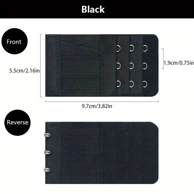 Black adjustable bra extender straps shown from the front and reverse views.
