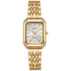 A gold plated quartz fashion watch with a round white face and a gold link bracelet.