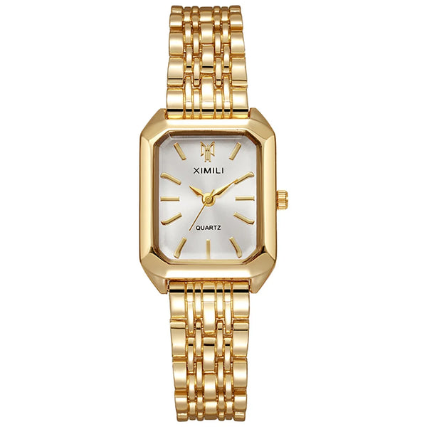 A gold plated quartz fashion watch with a round white face and a gold link bracelet.