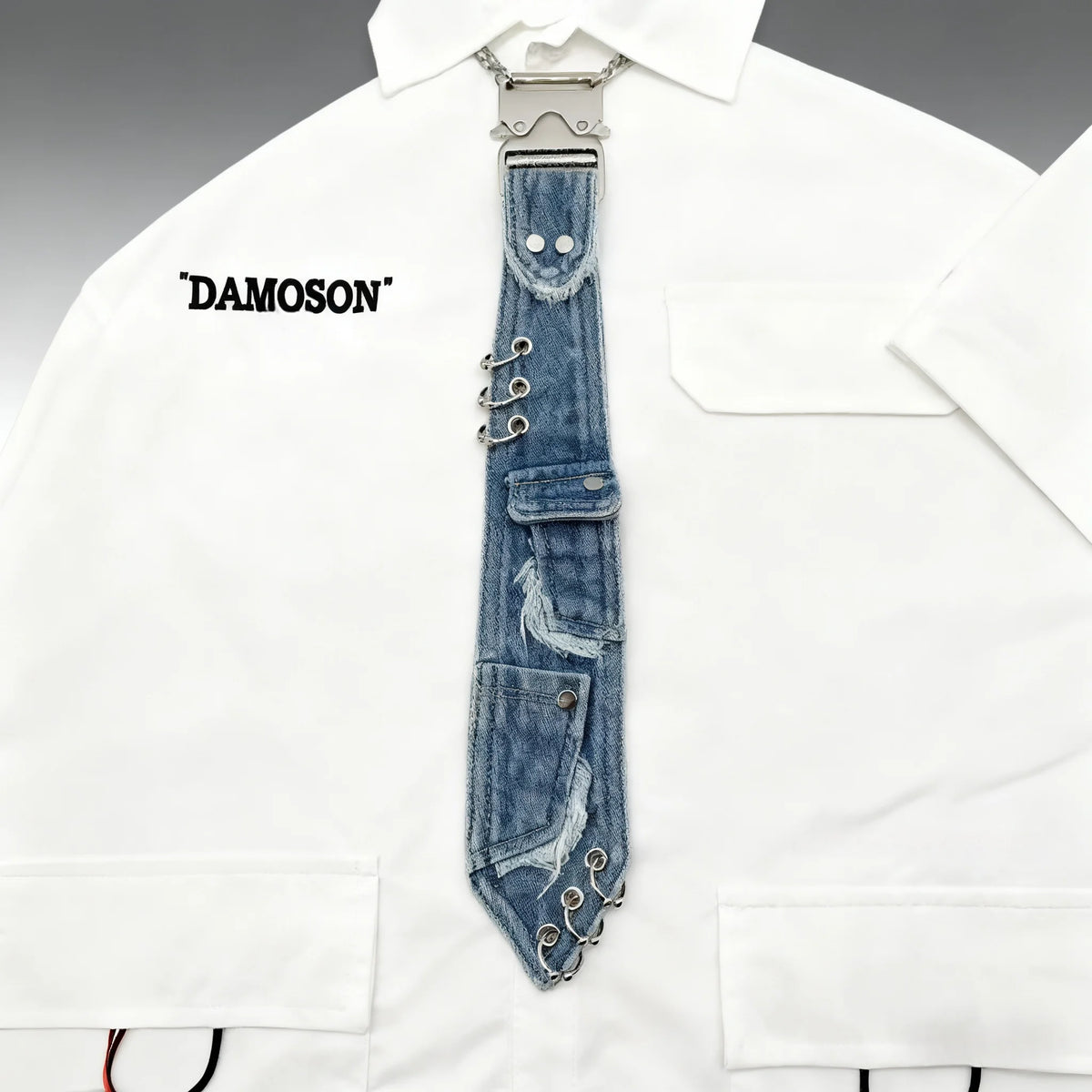 Y2K Distressed Denim Neck Tie with Press Buckle