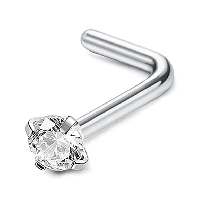 A silver surgical stainless steel nose piercing stud with a clear diamond-cut gemstone.