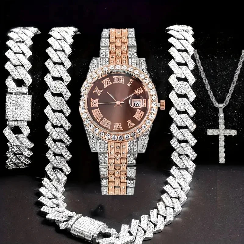 A set featuring a silver-toned watch and a matching chain necklace, both adorned with diamond accents.