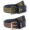 A black leather belt with brass square bead rivets and a buckle shown from the side.