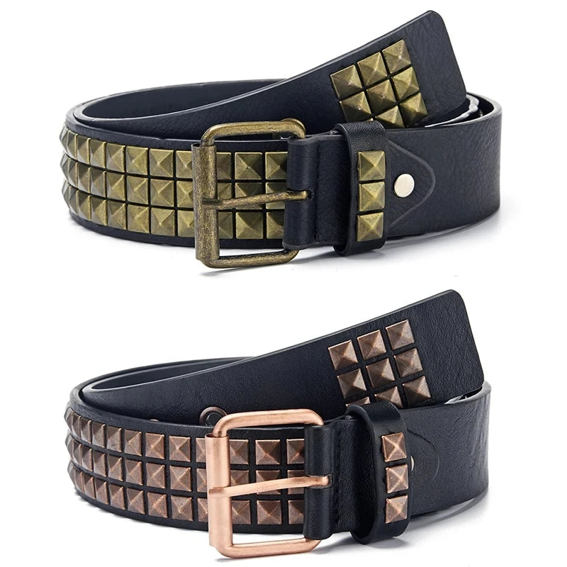 A black leather belt with brass square bead rivets and a buckle shown from the side.