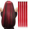 A bundle of five long straight red hair extensions shown next to a model's dark hair.