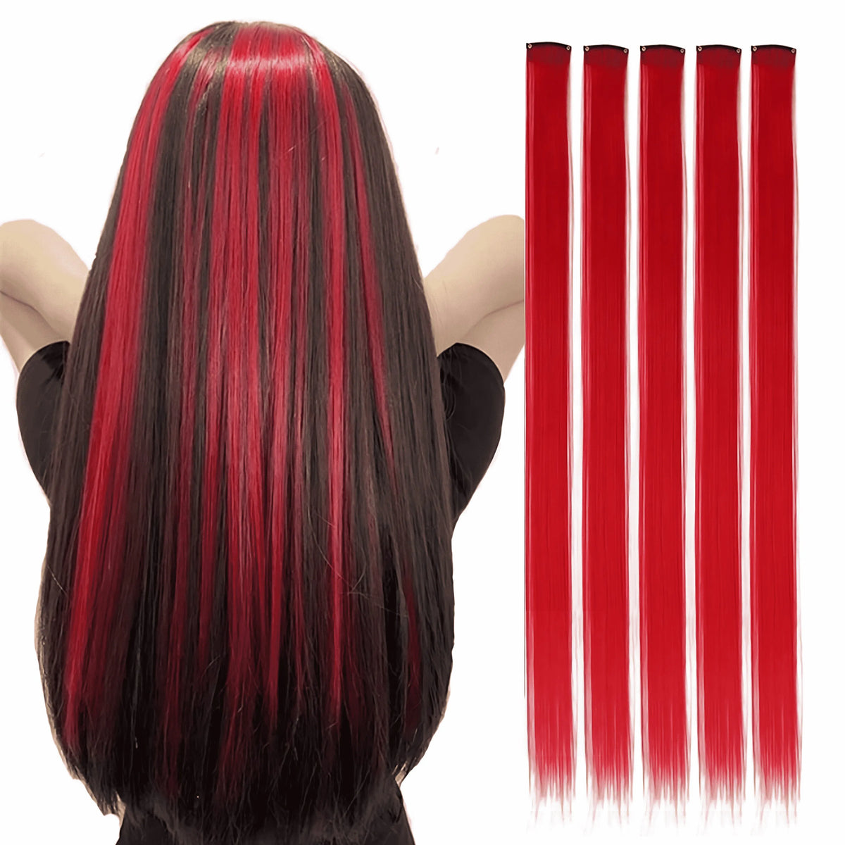 A bundle of five long straight red hair extensions shown next to a model's dark hair.