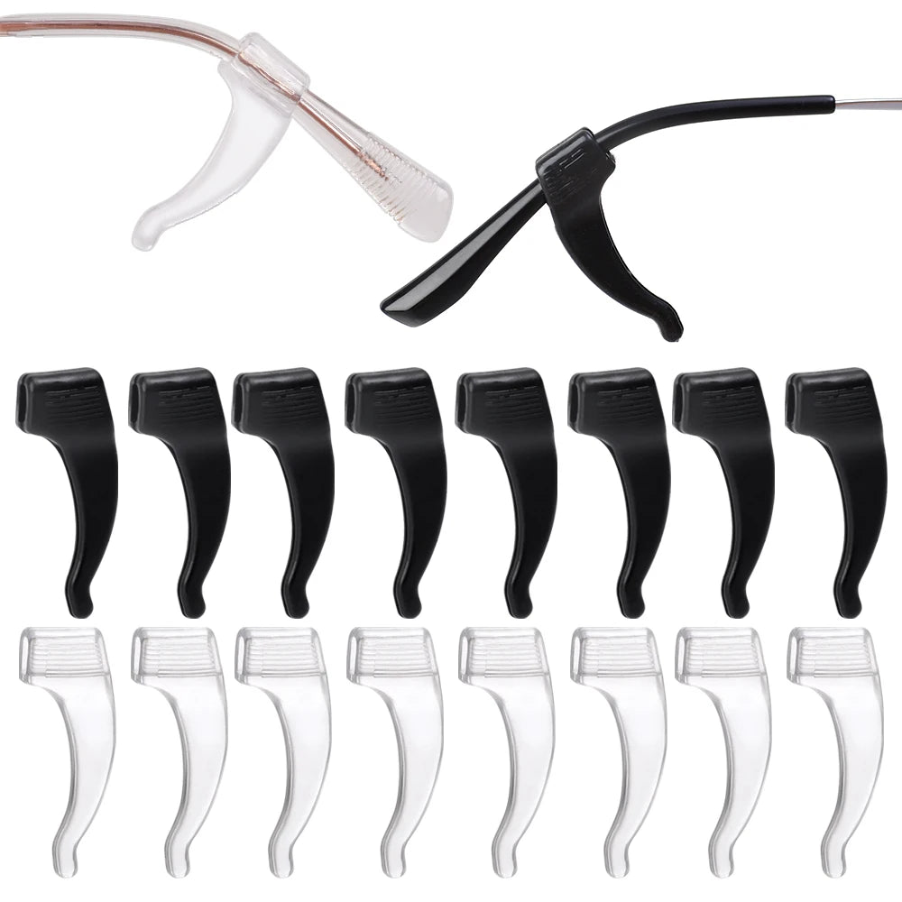 A set of black silicone anti-slip ear hooks for eyeglasses, shown in various angles.