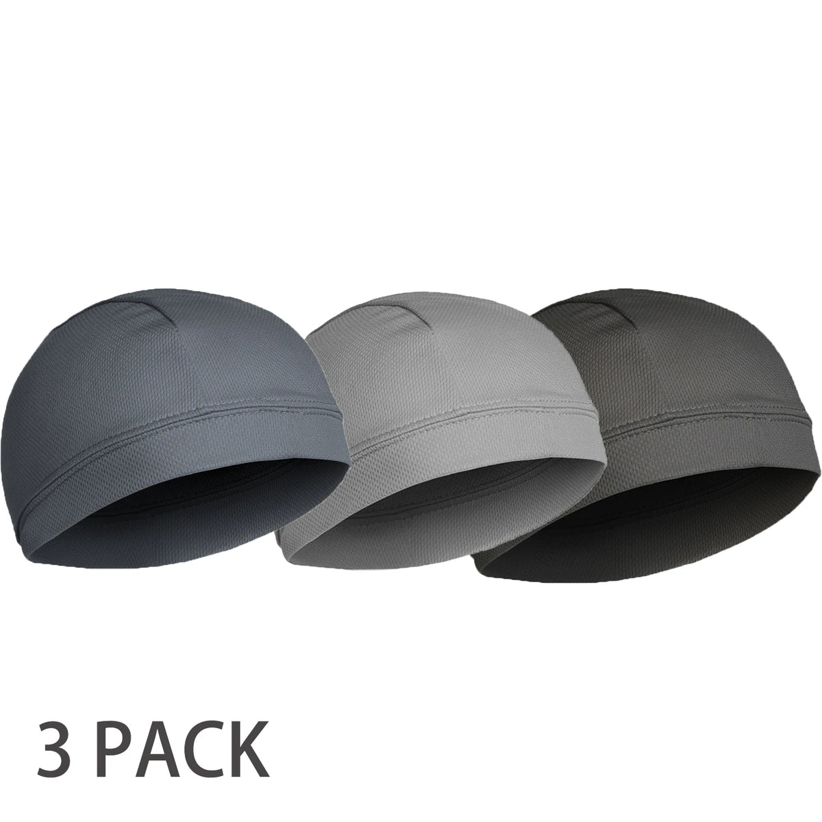 A pack of three moisture-wicking cycling beanie caps in shades of gray and black.