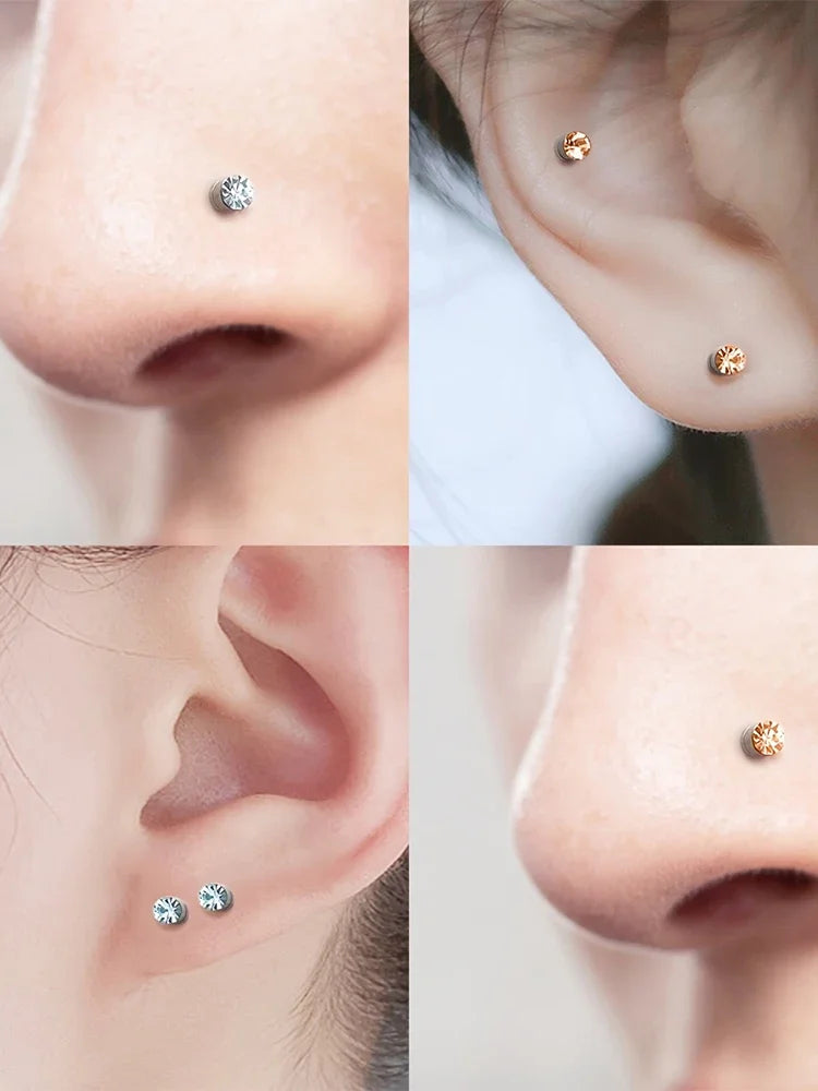 Close-up photos showing magnetic nose stud earrings in gold tone with cubic zirconia stones.