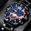 A close-up of a black men's stainless steel quartz watch with a blue dial and gold accents on a dark background.