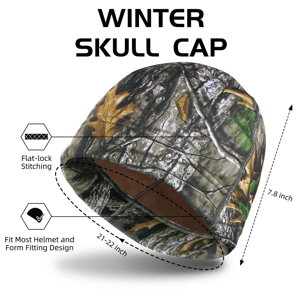 A winter skull cap featuring a camouflage pattern, designed to fit most helmets and form-fitting.