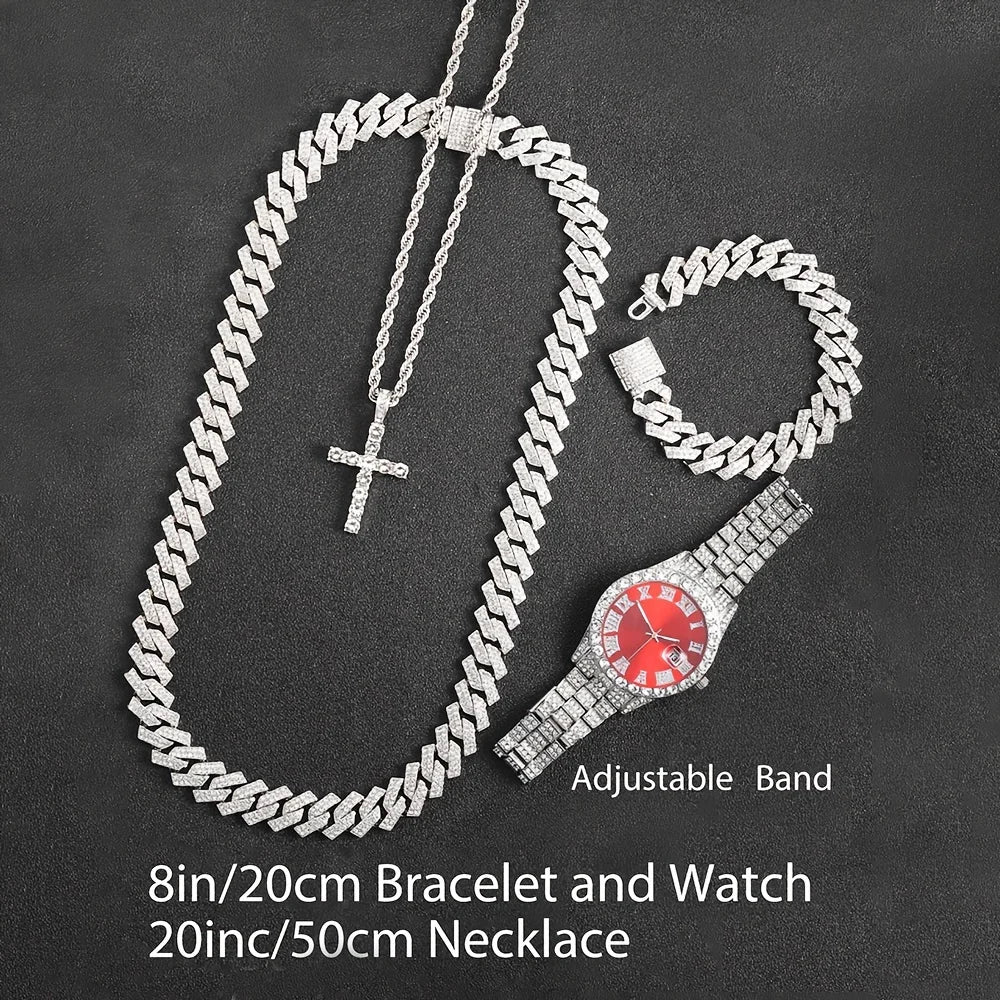 Silver bling wrist watch and hip hop chain necklace set featuring a bracelet and a necklace
