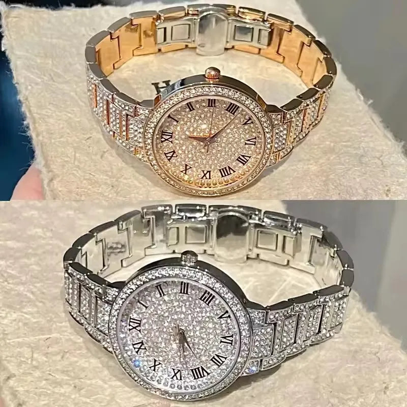 A close-up of an elegant rhinestone quartz wristwatch with a gold-toned bracelet and silver casing.