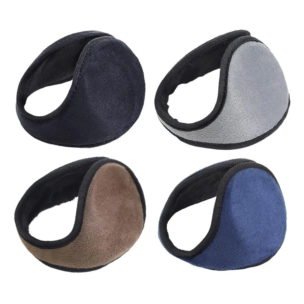 Four plush winter earmuffs in black, gray, brown, and blue colors shown from the side.