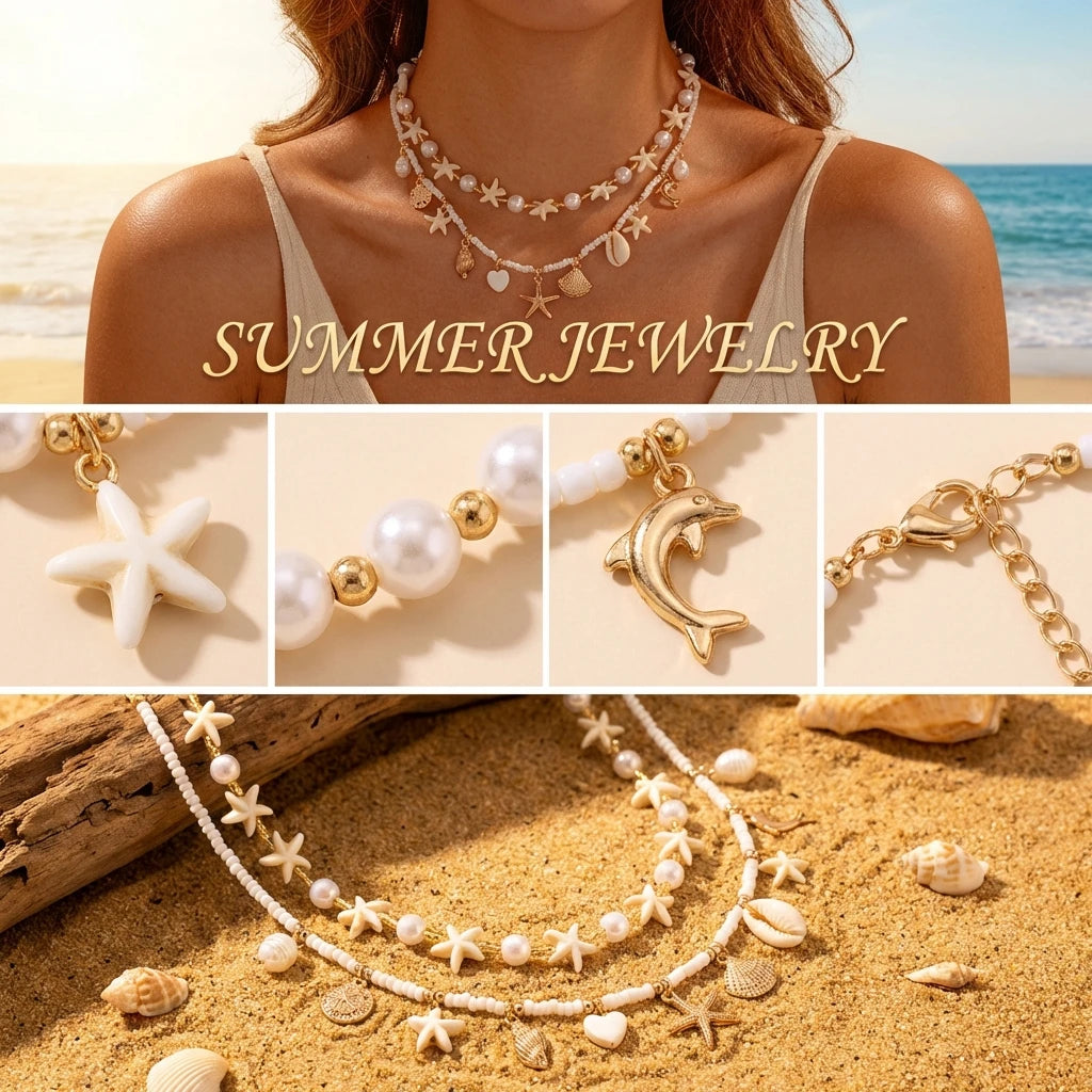 A collection of boho shell starfish necklaces featuring pearls and gold accents displayed on sand.
