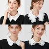A woman models a black knitted top with a white false collar blouse featuring delicate lace detailing.