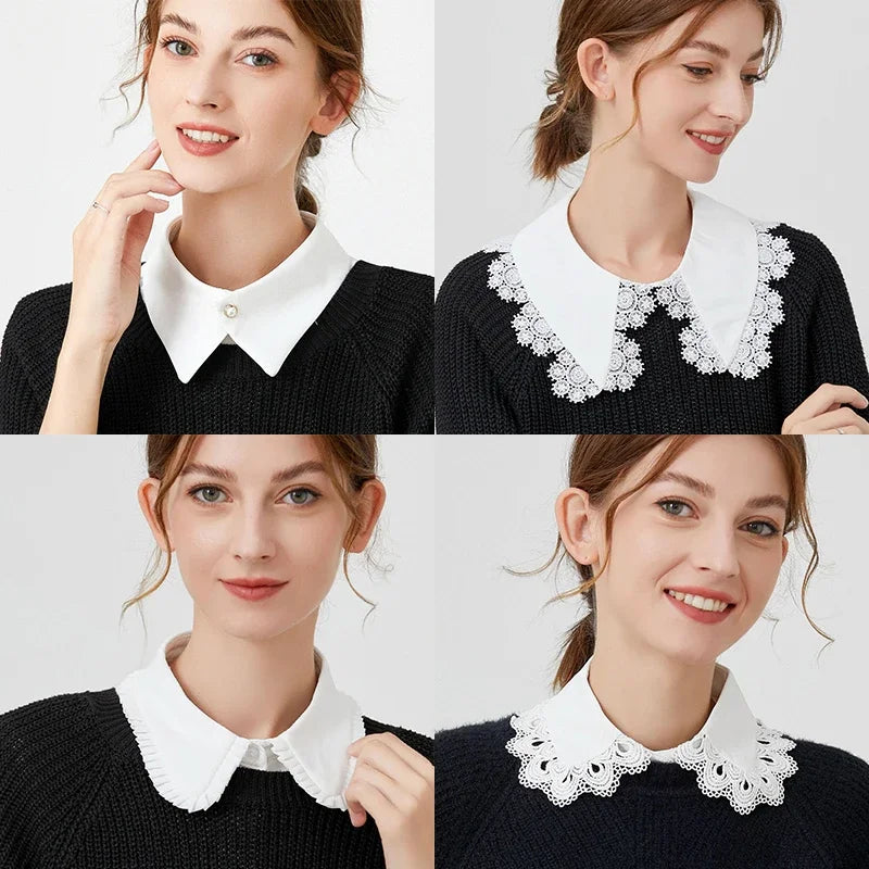 A woman models a black knitted top with a white false collar blouse featuring delicate lace detailing.