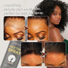 Close-up of a woman applying dark brown lace tint spray to her eyebrows and hairline.