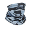 A close-up of a camouflage patterned sun protection head scarf in shades of gray and black.