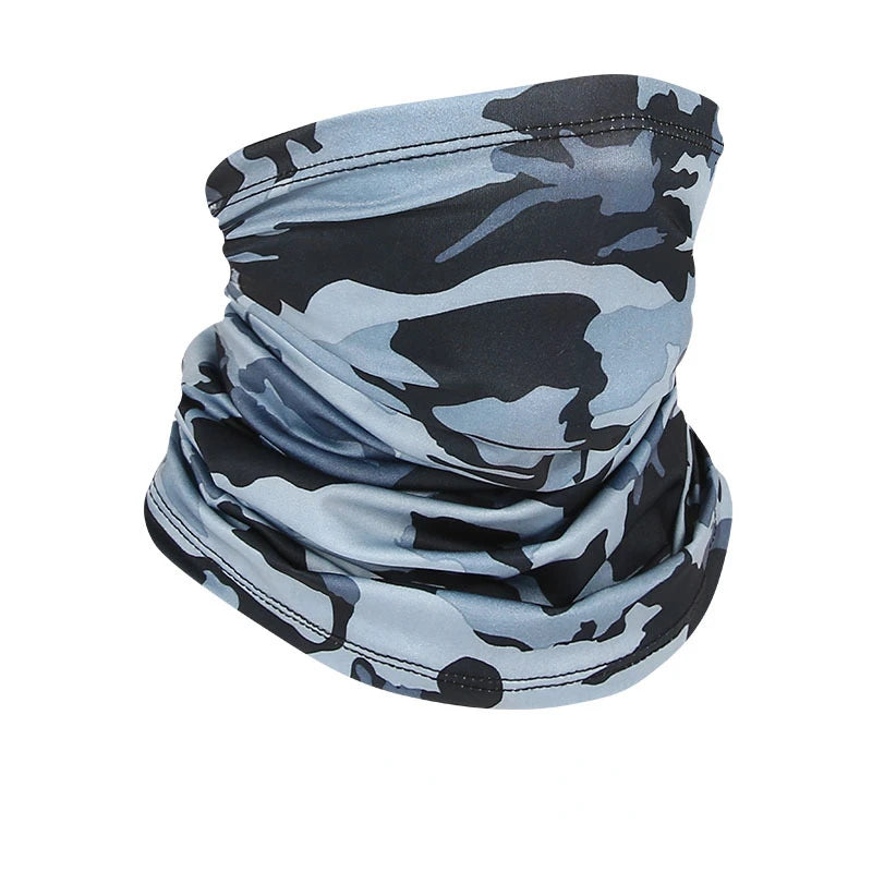 A close-up of a camouflage patterned sun protection head scarf in shades of gray and black.