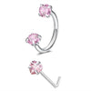 A set of pink gemstone horseshoe nose rings, featuring a hoop and a stud design.