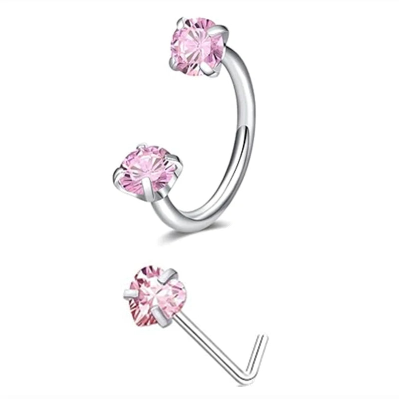 A set of pink gemstone horseshoe nose rings, featuring a hoop and a stud design.