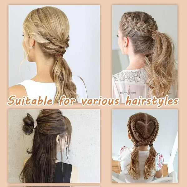 A collage showing various braided and styled hairstyles created using boho elastic hair ties for women.