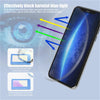 A smartphone screen is shown with blue light blocking rays, demonstrating the effectiveness of anti-blue light clear frames.