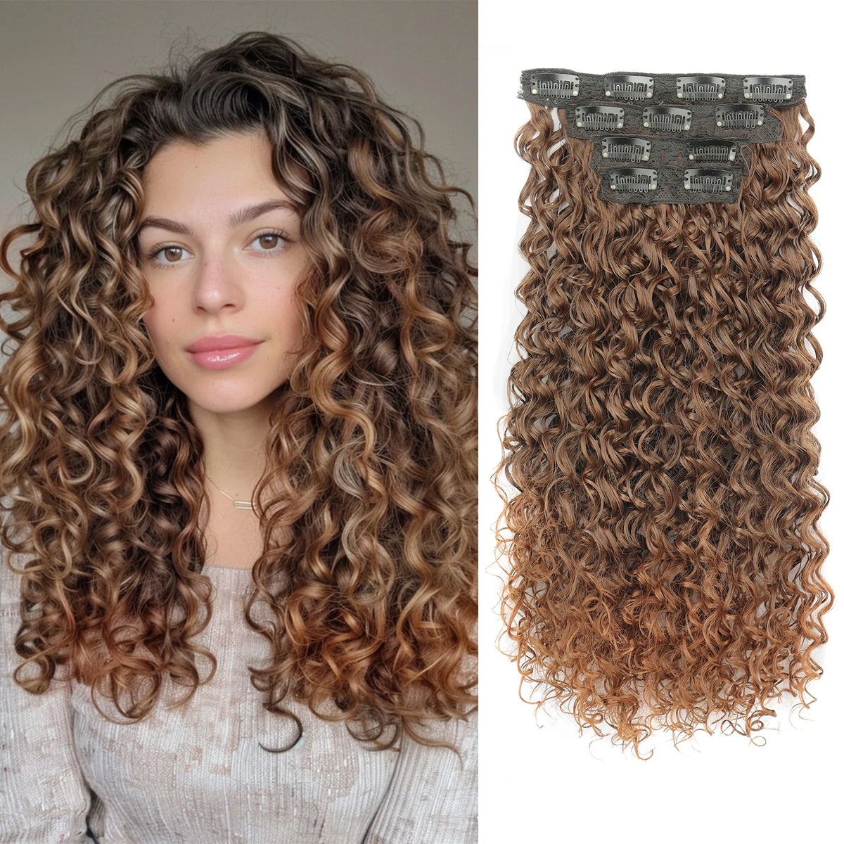 Eine Frau zeigt langes, gewelltes braunes Haar neben einem Bundle mit Clip-in-Ergänzungen.