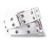 A white leather belt with silver hardware and star studs is shown on a white background.