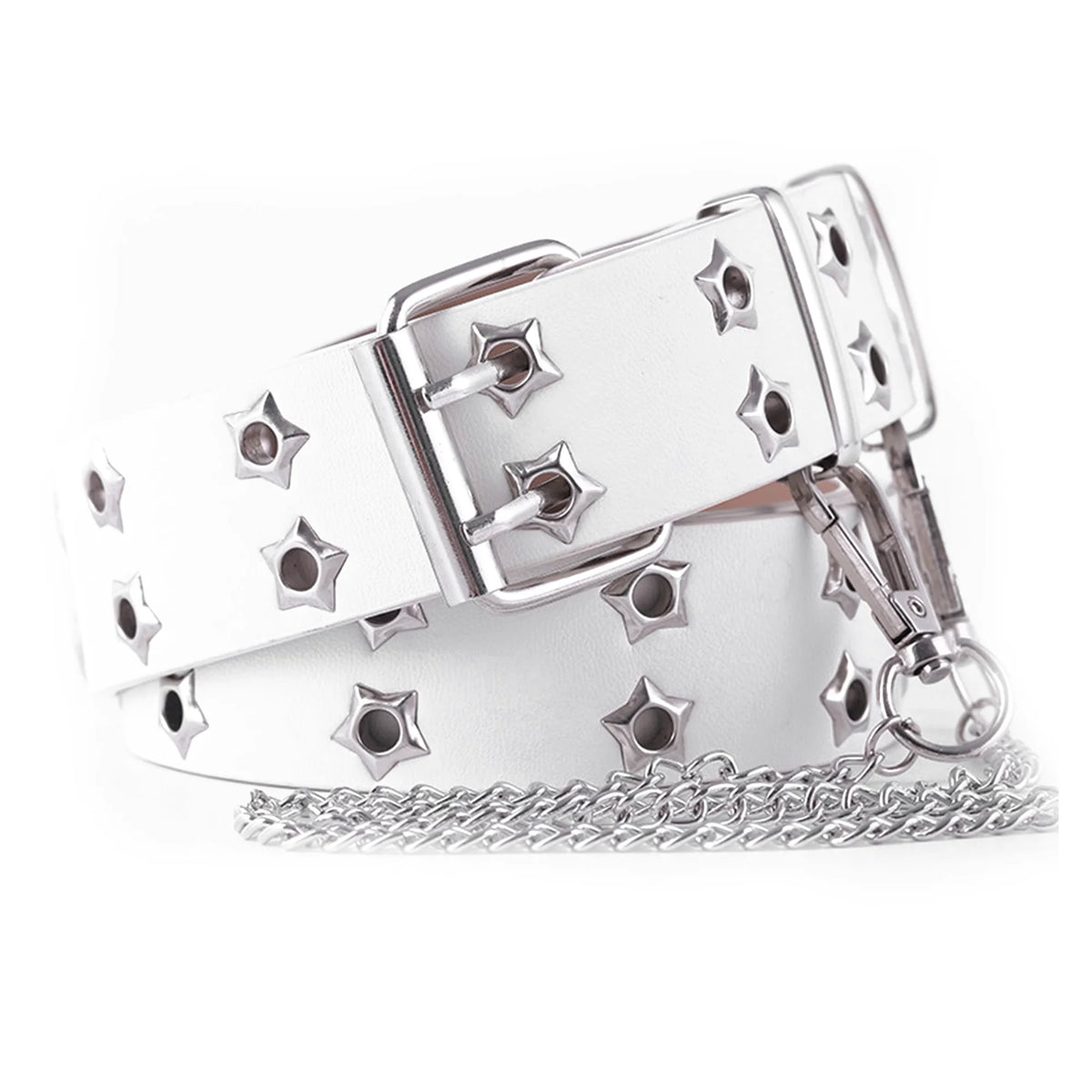 A white leather belt with silver hardware and star studs is shown on a white background.