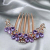 Braut-Stranghaarspange mit violetten und klaren Steinen und goldfarbenen Zinken.