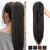 Long black synthetic straight hair extension with a claw clip, shown against a person's hair.