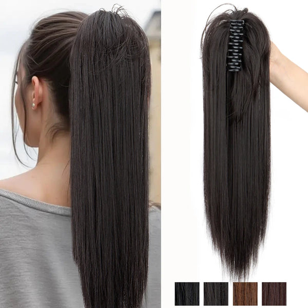 Long black synthetic straight hair extension with a claw clip, shown against a person's hair.