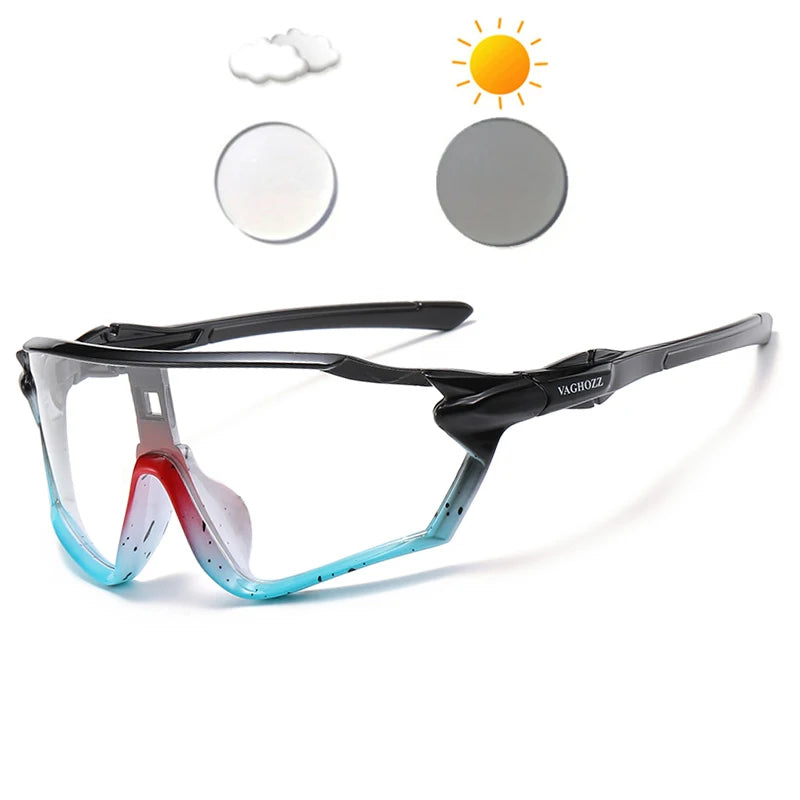 A pair of black sports sunglasses with multi-colored frames and a VAGROZZ brand logo shown against a white background.