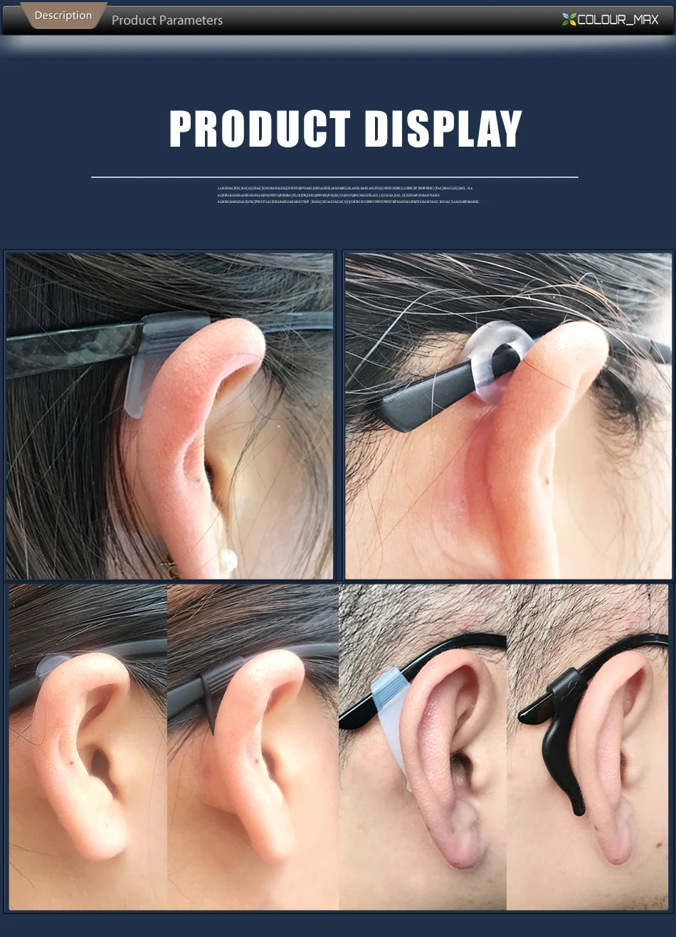 Close-up images showing silicone ear grip hooks used for securing glasses and sunglasses on various ears.