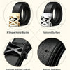 Close-up view of a black leather belt featuring an X shape metal buckle, textured surface, smooth ratchet adjust, and precise