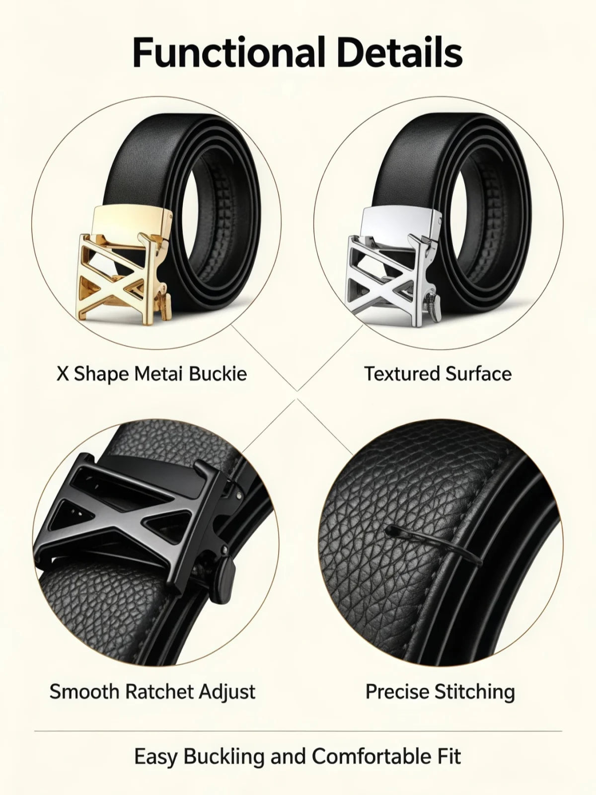 Close-up view of a black leather belt featuring an X shape metal buckle, textured surface, smooth ratchet adjust, and precise
