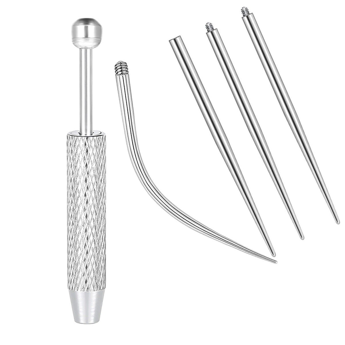 A set of titanium piercing tools including a nose stud and various piercing needles.